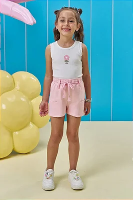 Conjunto de Regata em Canelado Liz e Shorts em Moletom sem Pelúcia Kukiê Infantil Menina
