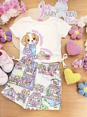 Conjunto Picnic Cachorrinho Fofo Blusa e Shorts Saia Cinti
