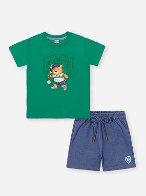 Conjunto Camiseta e Bermuda Urso Tenista Verde Divertto