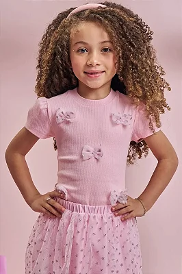 Blusa em Canelado Rosa Kukiê Infantil Menina