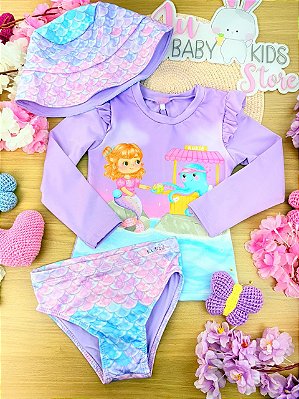Conjunto de Blusa Calcinha e Bucket em Malha com Proteção UV50+ Kukiê Infantil Menina