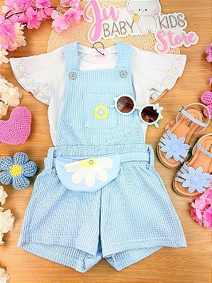 Conjunto de Blusa em Meia Malha e Jardineira em Malha Big Waffle Kukiê Infantil Menina