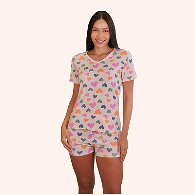 Pijama Feminino Manga Curta Corações - Empório do Algodão