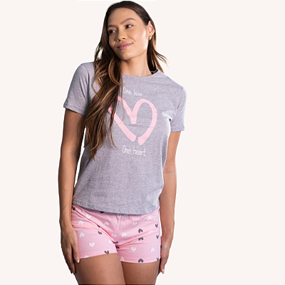 Pijama Feminino Curto Coração Mescla