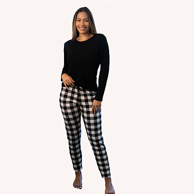 Pijama Manga Longa Xadrez Preto