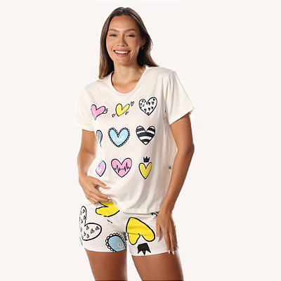 Pijama Feminino Coração Off 100% Algodão