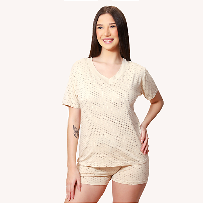 Pijama De Verão Feminino Poa Bege