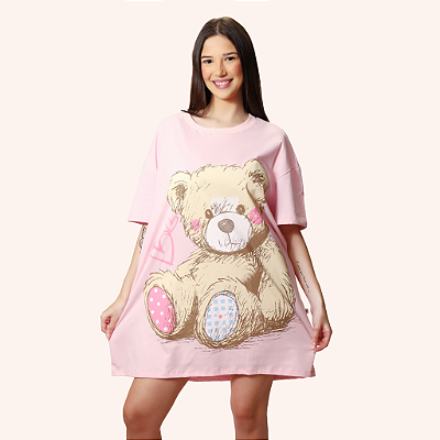 Camisetão Feminino Urso Rosa 100% Algodão