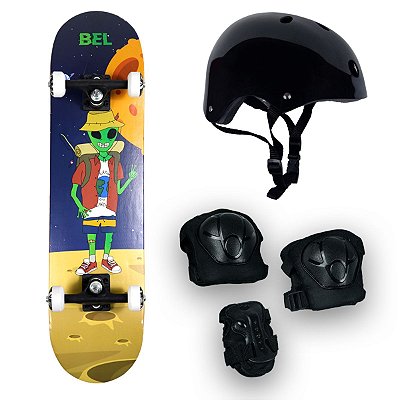 Skate Iniciante Radical Alienigena + Kit Proteção C/ Capacete Preto - Bel