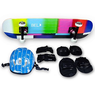 Skate Semi Profissional Colorido Rosa Verde Azul + Kit Proteção Preto - Bel