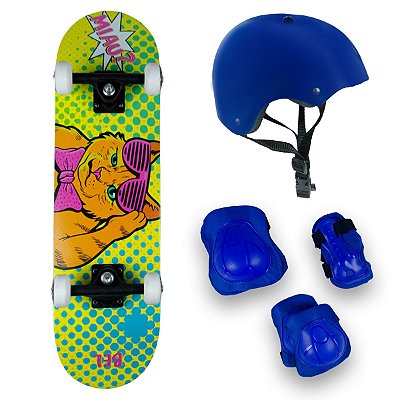 Skate Semi Profissional Gato + Kit Proteção Azul - Bel