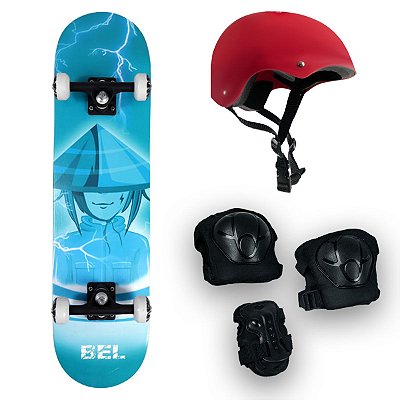Skate Semiprofissional Ninja + Kit Proteção Vermelho - Bel