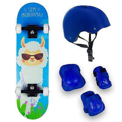 Skate Semi Profissional Lhama + Kit Proteção Azul - Bel