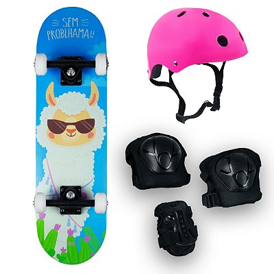 Skate Semi Profissional Lhama + Kit Proteção Rosa - Bel