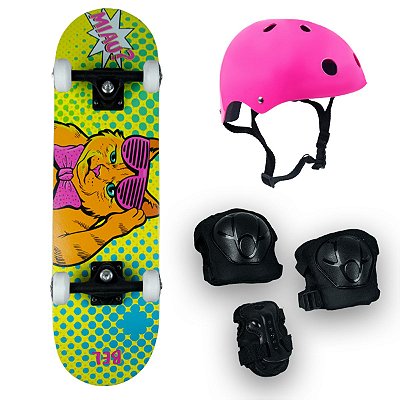 Skate Radical Iniciante Gato + Kit Proteção Rosa - Bel