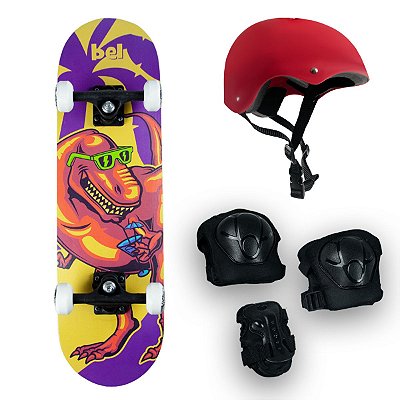 Skate Semi Profissional Dinossauro + Kit Proteção Vermelho - Bel