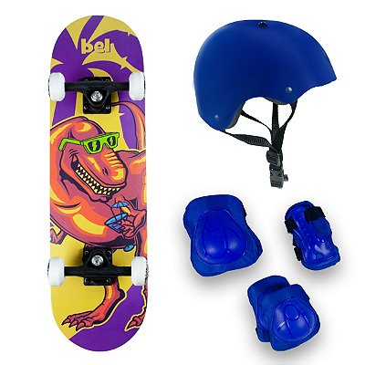Skate Semi Profissional Dinossauro + Kit Proteção Azul - Bel