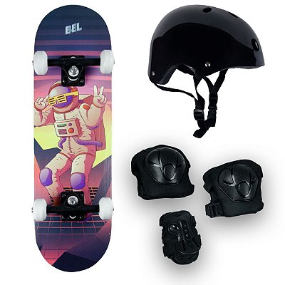 Skate Radical Iniciante Astronauta + Kit Proteção Preto - Bel