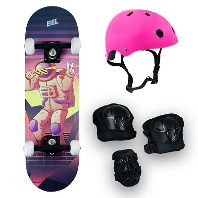 Skate Radical Iniciante Astronauta + Kit Proteção Rosa - Bel