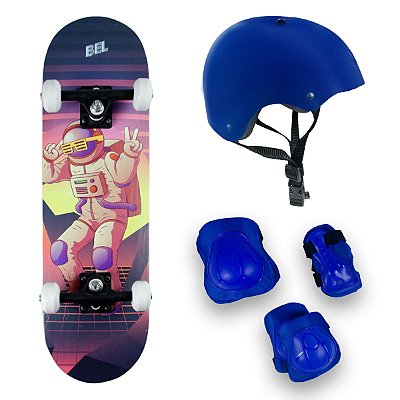 Skate Radical Iniciante Astronauta + Kit Proteção Azul - Bel