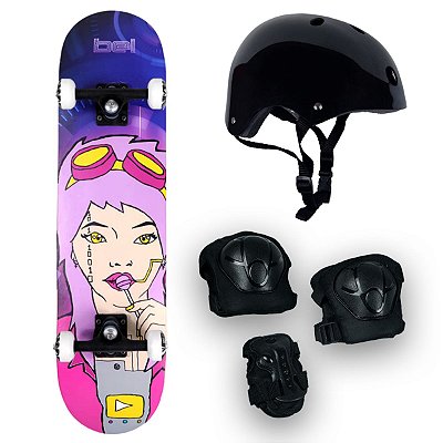 Skate Semi Profissional Boneca + Kit Proteção Preto - Bel