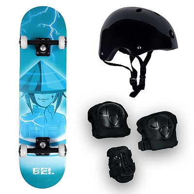 Skate Semi Profissional Ninja + Kit De Proteção Preto - Bel