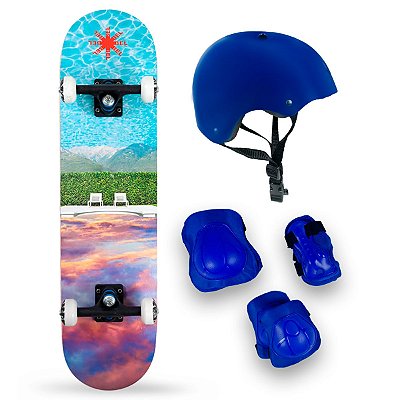 Skate Semi Profissional Paisagem Mar Azul + Kit Proteção Azul - Bel