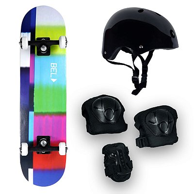 Skate Semi Profissional Colorido + Kit Proteção Preto - Bel