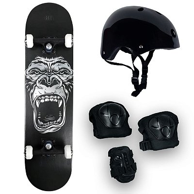 Skate Semi Profissional Gorila + Kit Proteção Preto - Bel