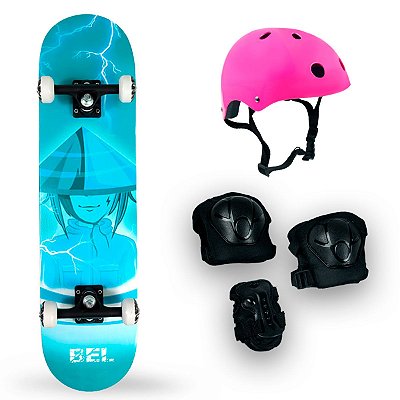 Skate Semi Profissional Ninja + Kit Proteção Rosa - Bel