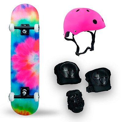 Skate Semi Profissional Colorido Rosa Verde Azul + Kit Proteção Rosa - Bel