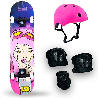 Skate Semi Profissional Boneca + Kit Proteção Rosa - Bel