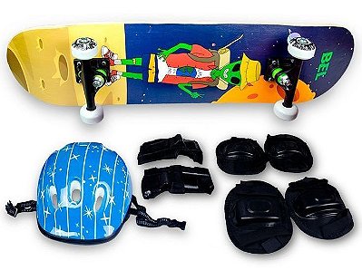 Skate Semi Profissional Alienígena + Kit Proteção Azul - Bel
