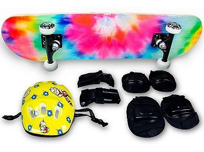 Skate Semi Profissional Colorido + Kit Proteção Amarelo - Bel