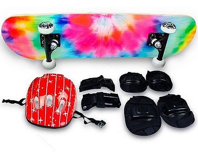 Skate Semi Profissional Colorido + Kit Proteção Vermelho - Bel
