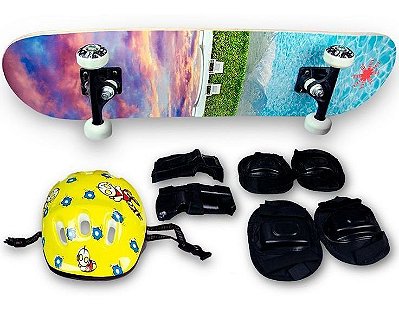 Skate Semi Profissional Colorido + Kit Proteção Amarelo - Bel