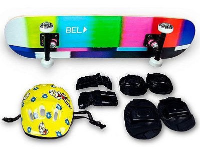 Skate Semi Profissional Colorido + Kit Proteção Amarelo - Bel