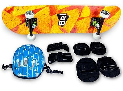 Skate Semi Profissional Nachos Laranja + Kit Proteção Azul - Bel