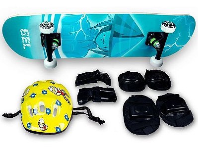 Skate Semi Profissional Ninja Azul + Kit Proteção Amarelo - Bel