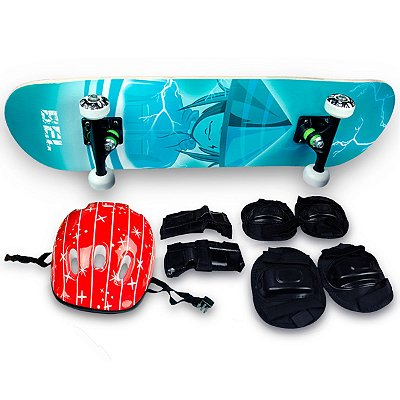 Skate Semi Profissional Ninja Azul + Kit Proteção Vermelho - Bel