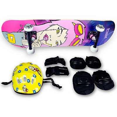 Skate Semi Profissional Boneca Rosa + Kit Proteção Amarelo - Bel