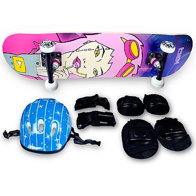 Skate Semi Profissional Boneca Rosa + Kit Proteção Azul - Bel