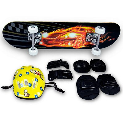 Skate Iniciante Radical Fogo + Kit Proteção C/ Capacete Amarelo - Bel