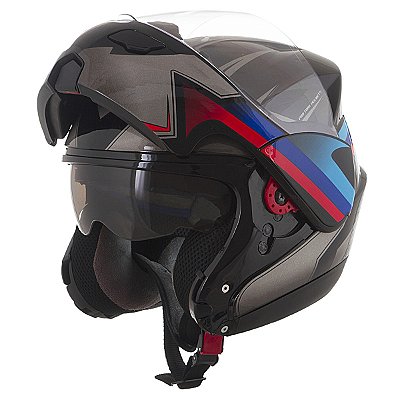 Capacete Moto Pro Tork Robocop Articulado Escamoteável Preto Fosco E Grafismos Azul E Vermelho Com Viseira Fumê - Pro Tork