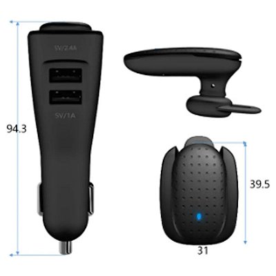 Carregador de Celular Para Carro Com USB Duplo E Fone De Ouvido Bluetooth 4.0