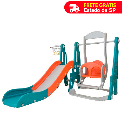 Playground Infantil 3 em 1 Com Escorregador Balanço e Cesta de Basquete Azul e Laranja