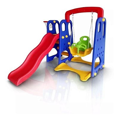 Playground Infantil 3 em 1 Com Escorregador Balanço Cesta de Basquete Iwpi3X1