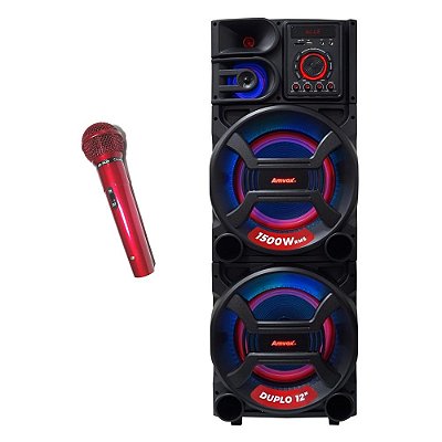 Caixa Som Amplificada Bluetooth 1500W Usb Mp3 FM Bivolt Pesadão Microfone com Fio Vermelho Profissional LeSon