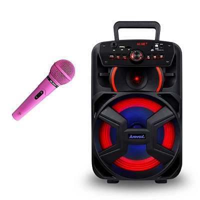 Kit Caixa De Som Amvox New X 1900W RMS Bluetooth ACA 1900 Bivolt + Microfone Com Fio Rosa Profissional MC-200 P10 Leson