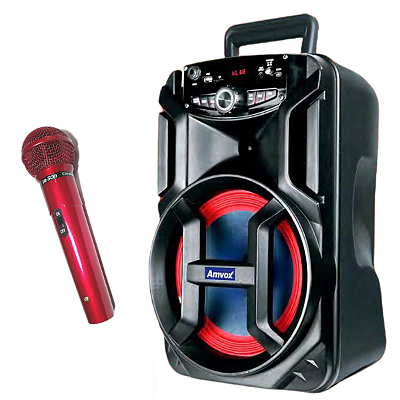 Caixa Som Amplificada Portátil Bluetooth 180W Mp3 FM Usb Bateria Amvox Microfone com Fio Vermelho Profissional LeSon